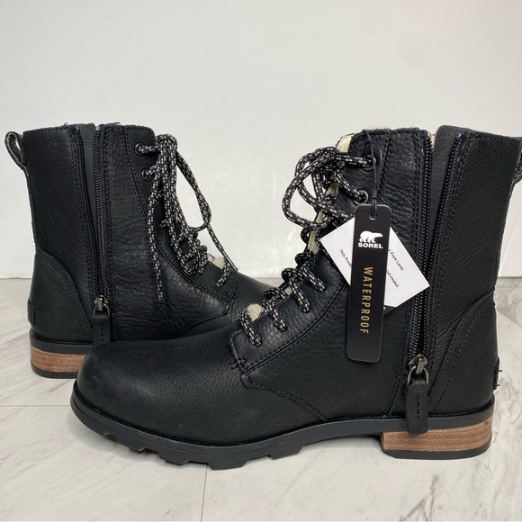 New! Sorel Emelie Black Leather Short Lace Up Boot 8 - Picture 6 of 15